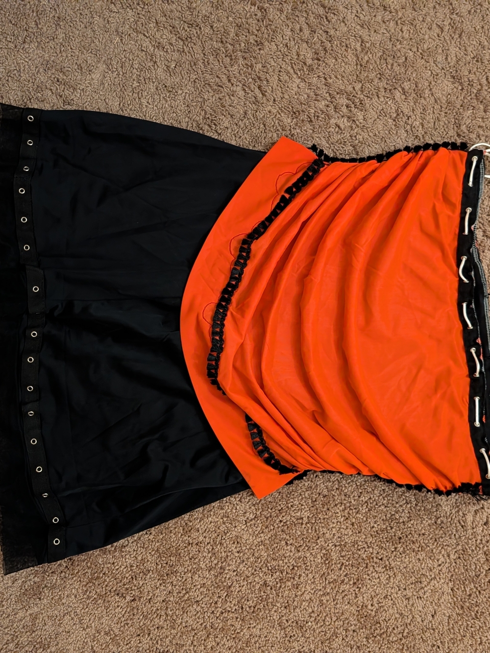 Two-Tone Black and Orange Mini Dress with Gathered Detail